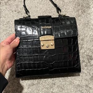 Valentino Black Croc-Embossed Satchel with Gold Accents